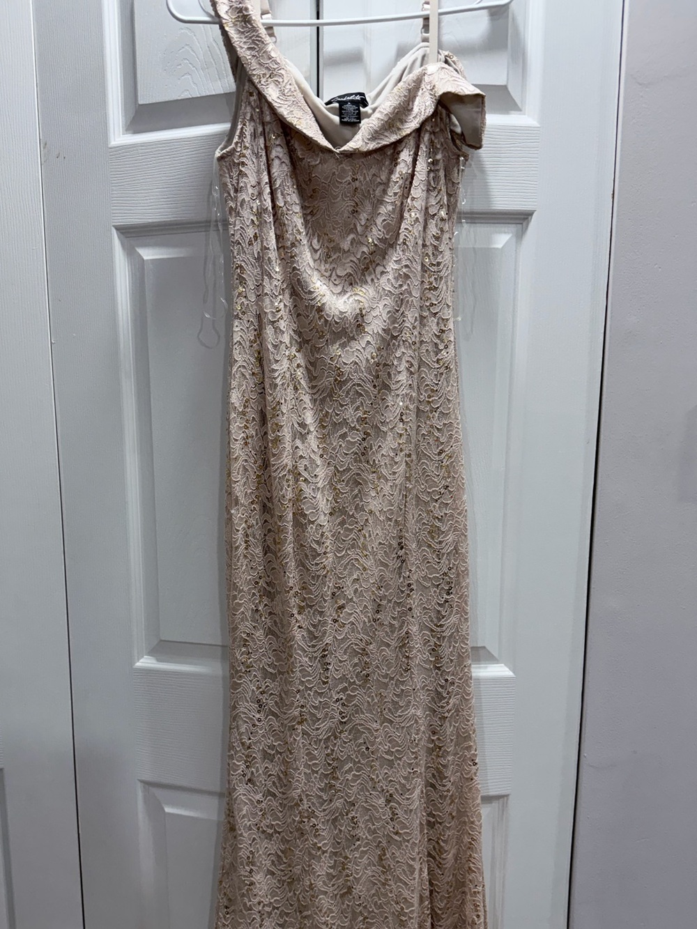 Beige Lace Cowl Neck Evening Gown